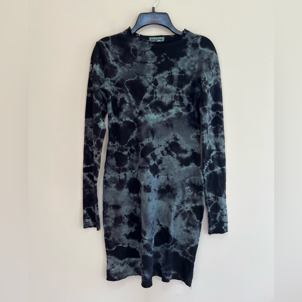 Heyne Bogut 100% Wool Hand-Dyed Distressed Black & Blue Spiral Sweater Dress, XS